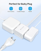 TROND Short Extension Cord 1.5ft with 360° Rotating Flat Plug, Low Profile Small Power Strip, Three Prong 3 Way Grounded Outlets, 13A, SPT 16/3 AWG Cable for Indoor Home Office Cruise Travel, White