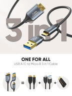 CableCreation USB C Hard Drive Cable 2FT, 5Gbps USB A/C to Micro B, USB 3.0 Cable Compatible with iPhone 15 Plus/15 Pro Max, WD, External Hard Drive, and Camera, Grey