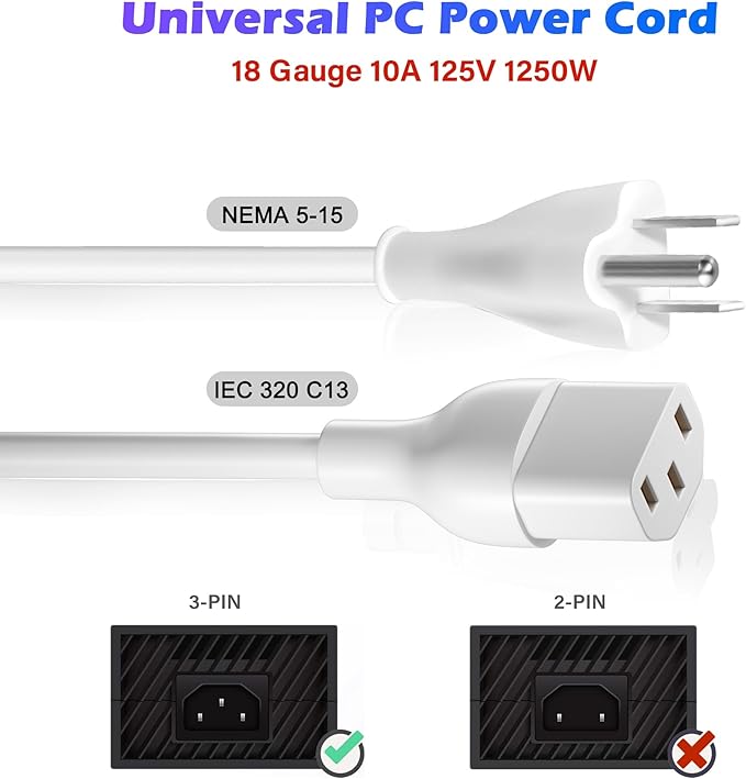 Adoreen 4 Ft Computer TV Replacement Power Cord White, 18AWG 3-Prong AC Universal Power Supply Cable NEMA 5-15P to IEC 320 C13 for Printer, PC, Monitor TV LCD, ETL+Ties