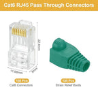 MECCANIXITY 100pcs Cat6 RJ45 Pass Through Connectors, RJ45 Connector 8P8C Gold Plated Plugs with 100pcs Green Strain Relief Boots for Solid or Stranded UTP Ethernet Cable, 1.1mm