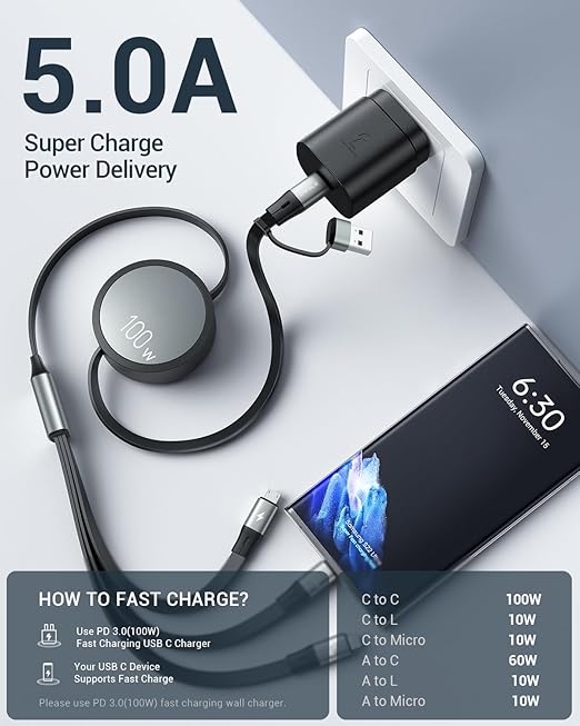 CAFELE 100W Retractable USB C Cable, 6-in-1 Multi Charging Cable, USB A/C 5A Fast Charger Cord for Multiple Devices with Type C/L/Micro Ports for Phone 16 15 14 Pro Max, S24/S23, McBook, Pad (3.6ft)