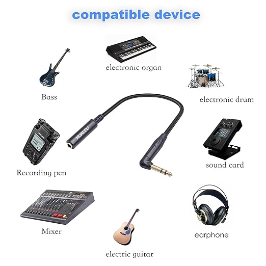 HUAELU 2Pack 1FT Right Angle Audio Cable, Male to Female, 6.35mm TRS Stereo to 1/4 Female Stereo Headphone Guitar Extension Cable Cord for Amplifiers