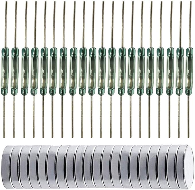 20pcs Glass Reed Switch Reed Contact Normally Open (N/O) Magnetic Induction Switch (2mm×14mm) with 20pcs Multi-Use Magnetic Sheet