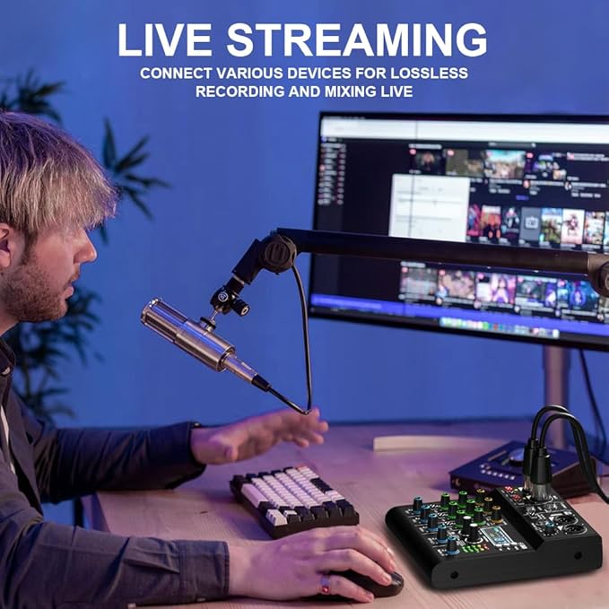 mw-4 black 4Channel Audio Mixer with 99 Sound Effects for PC,Portable Sound Mixing Console with BT USB Recording Input for Live Streaming,Podcasting