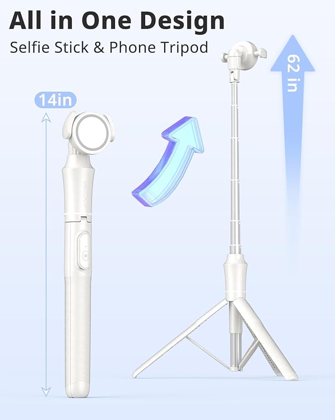 UBeesize 62'' Magnetic Selfie Stick Phone Tripod with Wireless Remote, Extendable Cell Phone Tripod Stand, Compatible with MagSafe, Cellphone Tripod for iPhone 15 14 13 12 and Android Phones White