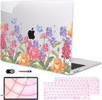 for MacBook Air 13 inch M1 Case 2021 2020 2019 2018 (Model M1 A2337 A2179 A1932) with Touch ID & Retina Display, Printed Pattern Hard Shell Case Keyboard Cover, Pink & Purple Flowers