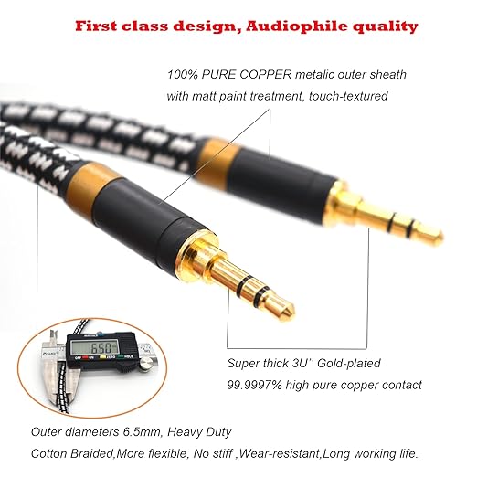 Aux Cord, Audiophile 3.5mm Stereo Audio Cable [0.75m (2.5 Feet), Silvered-Plated Copper core], Unbreakable and Great for Laptop, Tablets,Headphones, Cars and More.