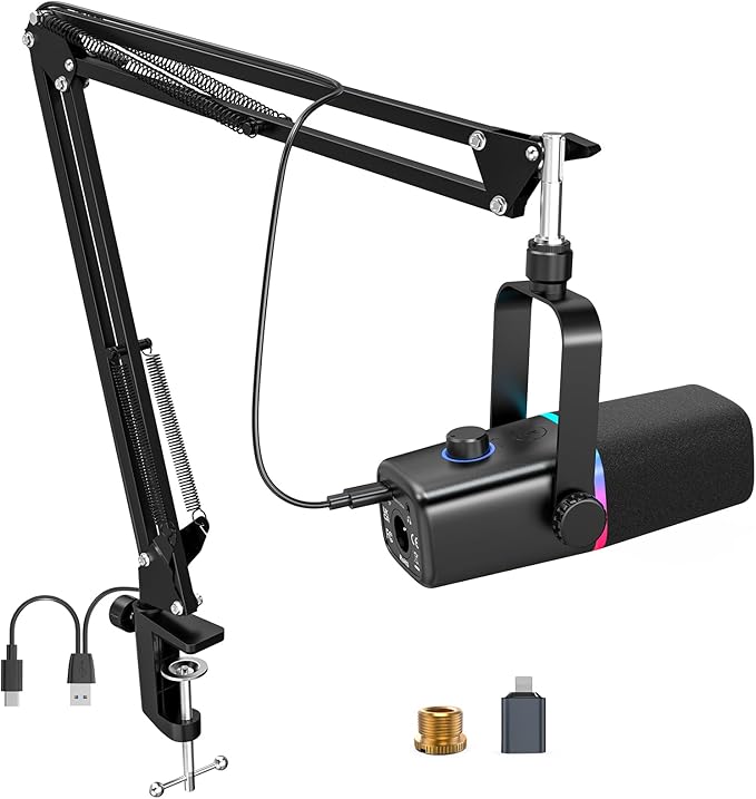 ZealSound XLR/USB Dynamic Microphone for Gaming Podcast,Mic for iPhone Phone PC Computer Gaming Streaming Microphone with RGB Light,Mute Button,Mic Gain,Headphones Jack,Boom Arm Stand,Singing YouTube