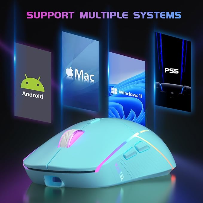 FFJ Wireless Gaming Mouse, 24000 DPI, Tri-Mode 2.4G/USB-C/Bluetooth 5.3 Gaming Mouse Wireless, RGB Programmable Mouse Gamer, 75Hrs Battery Life, Rechargeable Gaming Mice for PC, Mac, PS5, Xbox - Mint