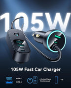 Rocoren 105W 6-Port Multiport Car Charger, PD Fast USB C Car Charger for Multiple Devices,Cigarette Lighter Adapter Car Travel Essentials for Road Trips with 5FT Cable,Car Accessories for iPhone 16/15