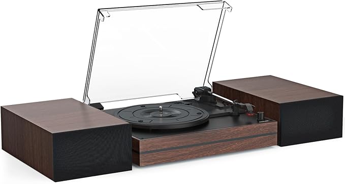 Vintage Record Player for Vinyl with Dual Separate Stereo Speakers Turntable BT Wireless Input Playback Belt Drive 3 Speed 3 Size Playback Record Player Support AUX Headphone Input RCA Out Auto Stop