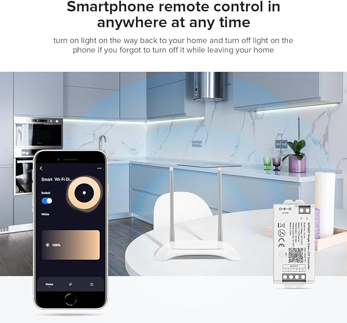 BTF-LIGHTING C01W Monochrome PWM (+V -V) 2PIN LED Strip Dim Brightness 2.4GHz Tuya WiFi Group Controller Alexa Google Home Smartphone APP Control Compatible with WR02RF RC01RFB Remote