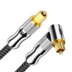 EMK Premium 24K Gold-Plated Right Angle Optical Cable – 90° Toslink to Toslink (2.4M/8Ft), 360° Rotatable for Soundbars, TVs & Home Theater