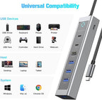 RSHTECH 7-Port USB C Hub Splitter 10Gbps with 3 USB-3.2 (2C + 1A), 4 USB-3.0 Ports and 2ft Long Cable, Aluminum USB-C Hub Multiport Adapters for Laptop and More, RSH-T17C