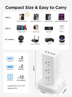 Surge Protector Power Strip, 6FT Flat Plug Extension Cord with 12 AC Outlets, 4 USB Charger(2 USB C Port), 1200 Joules Overload Protection, Desk Charging Station for Home Office, Dorm Room Essentials