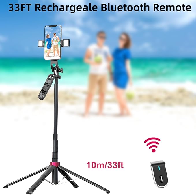 WOVTE 62" Selfie Stick with 2 Lights, Extendable Stand for iPhone, Selfie Stick with Remote, Portable Phone Tripod for Cell Phone Compatible with iPhone/Android, Camera & GoPro