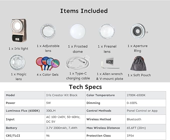 Harlowe Iris Content Creator Lighting Kit 5W Bi-Color Portable LED Light for Photography and Video Recording, 2700K-6500K CRI/TLCI 96+, IP54, App Control on Camera Light Creator Kit, Black