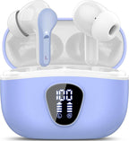 Wireless Earbuds, Bluetooth 5.4 Headphones HiFi Stereo, Bluetooth Earbuds with ENC Noise Cancelling Mic, IP7 Waterproof in Ear Earphones, 48H, LED Display Ear buds for Pad Workout Sports, White Purple