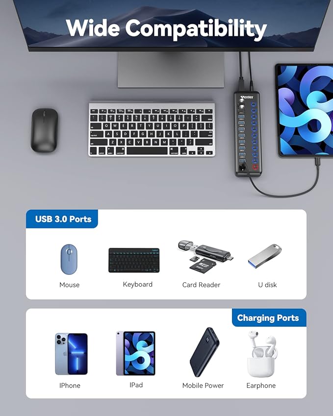 Powered USB Hub, Wenter 11-Port USB Splitter Hub (10 Faster Data Transfer Ports+ 1 Smart Charging Port) with Individual LED On/Off Switches, USB Hub 3.0 Powered with Power Adapter for Mac, PC