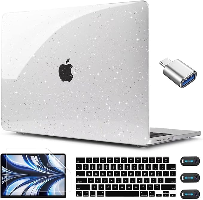 CISSOOK Clear Glitter Star Case for MacBook Air 13.6 inch 2025 2024 2022 Release A3240 A3113 A2681, Glossy Sparkly Hard Shell Case with Keyboard Cover Type C Adapter for MacBook Air 13.6" M2 M3 M4