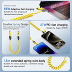 4 in 1 Spring Fast Charging Cable (2Pack), 65W USB-C PD Multi Fast Charging, 1.2m/4ft Coiled Retractable Cable for iPhone Samsung Laptop - Yellow+Green