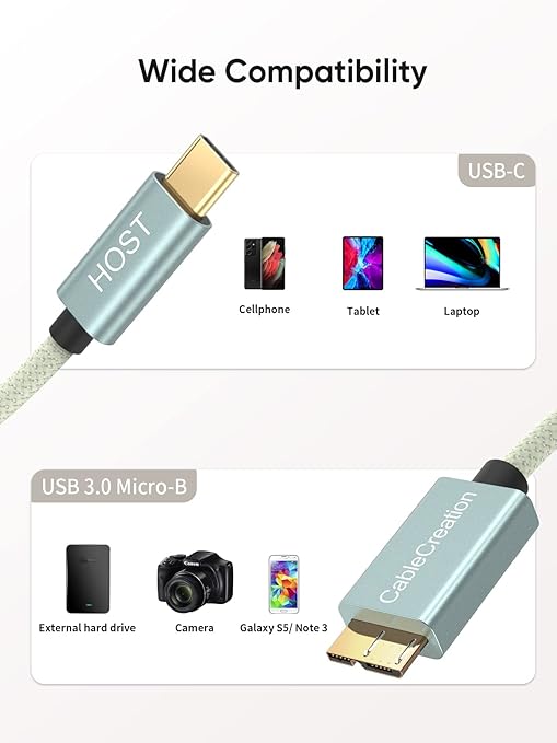 CableCreation 1FT USB C to Micro B Cable,10Gbps Speed External Hard Drive Braided,USB 3.1 Type C to Micro B Work for iPhone 15 Series,Seagate WD Westgate My Passport,MacBook Pro/Air, iPad/Tablet,Green