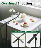 Phone Floor Stand, Overhead Phone Mount with Extendable Horizontal Arm & Remote, 360° Rotatable Extension Arm, Adjustable Tripod Stand for iPhone Video Recording, Photography, Live Streaming