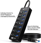 Powered USB Hub 3.0,VEMONT 7 Ports Multi USB hubs and 1 USB Smart Charging Port with 5V/3A Power Supply,USB Extension Splitter with Individual On/Off Switches and 4ft/1.2m Long Cable for PC/Laptop