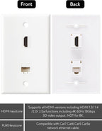HDMI Ethernet Wall Plate - 1 Port 4K HDMI Keystone to Female, 1 Port CAT6 Keystone to Female - White