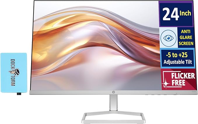 HP Series 5 524sf Monitor (Replaces M24f) 24" IPS FHD 300 nits Display, -5 to +25 Degrees Adjustable Tilt, Flicker Free, Anti-Glare, 1x HDMI, 1x VGA, Black/Silver w/Dockztorm HUB USB Port Expander