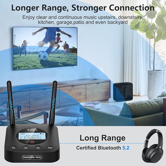 1Mii B06TX+ Long Range Bluetooth 5.2 Transmitter for TV/PC/Projector to 2 Wireless Headphones/Speakers, Bluetooth Adapter for TV w/Screen Display Plug n Play, aptX Low Latency & HD Audio