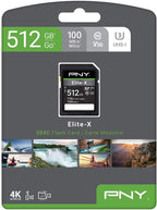 PNY 512GB Elite-X Class 10 U3 V30 SDXC Flash Memory Card - 100MB/s, Class 10, U3, V30, 4K UHD, Full HD, UHS-I, Full Size SD (Pack of 1)