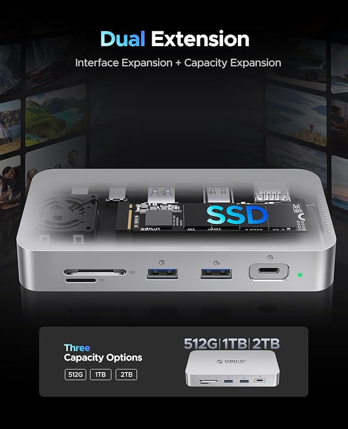ORICO 1 TB External SSD Docking Station, SSD Expansion + Hub Extension, Up to1000MB/s, 10-in-1 USB C HUB with Internal SSD, Support 4K@60Hz HDMI Display, 100W PD, Ethernet, SD/TF, Mac Mini - SJ10