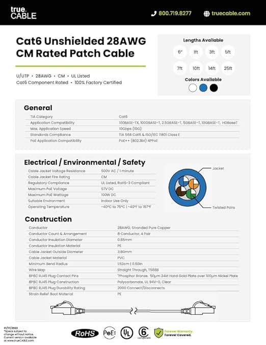 TRUECABLE Cat6 Component Rated Patch Cable, Unshielded (U/UTP), 14ft, Blue, 28AWG Solid Copper, Snagless 10G High-Speed Ethernet Cable, PoE++ 4PPoE 100W, UL Listed, RoHS-3, 5 Pack