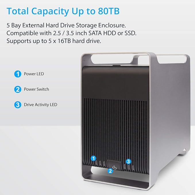 Syba 5 Bay 2.5" and 3.5" SATA HDD External USB 3.0 / eSATA RAID Hard Drive Enclosure Support 120TB & RAID 0/1/5/10/JBOD Mode SY-ENC50122