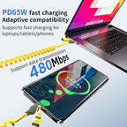 4 in 1 Spring Fast Charging Cable (2Pack), 65W USB-C PD Multi Fast Charging, 1.2m/4ft Coiled Retractable Cable for iPhone Samsung Laptop - Yellow+Green