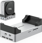 ANYOYO Mac mini M4 Dock and Stand, 10-in-1 Aluminum USB-C Hub with M.2 NVMe SSD Enclosure, 4K 60Hz Dual HDMI, 10 Gbps USB-C/A, 30W PD-in, Smart Fan Cooling, Wi-Fi Signal Friendly Design, Silver