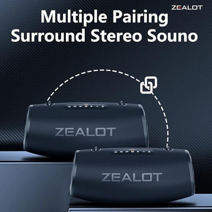 ZEALOT 80W Portable Bluetooth Speaker, Stereo Sound with Deep Bass,IPX6 Waterproof, LED Light,Bluetooth 5.2, Indoor/Outdoor Speaker for Party, Gathering, Pool, Camping,Travel (Black)