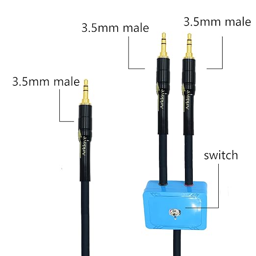 20ft Sound Channel swicher 1/8" aux Input 3.5mm Female to 2X 3.5 Output Switch Selector 2 in 1 Out R/L Stereo Audio 1 in 2 Out Stereo Audio Splitter with Phone pc Player