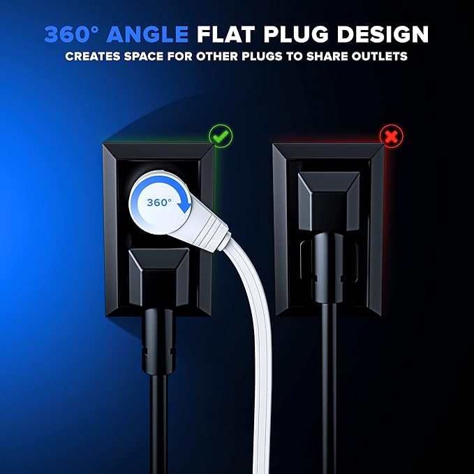 Maximm Cable 20 Ft 360° Rotating Flat Plug Extension Cord, 16/3 AWG Multi 3 Outlet 3-Prong Grounded Wire- White - UL Certified