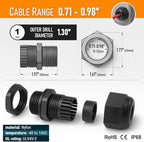 MGI SpeedWare 1" NPT Strain Relief Nylon Cord Grip Cable Glands, Black Plastic Grommet 20-Pack