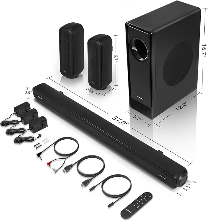 5.1 CH Surround Sound Bar with Dolby Audio, Sound Bars for TV, Wireless Subwoofer & Rear Speaker, Dolby Digital Plus, Bluetooth 5.3, Surround Sound System for Home Theater, 4K & HD TVs| HDMI & Optical