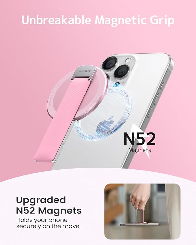 2025 Klearlook for MagSafe Phone Grip with Silicone Finger Strap, Removable Magnetic Phone Ring Holder with Adjustable Kickstand, Finger Phone Ring Grip for iPhone 16/15/14/13/12 Series, Pink
