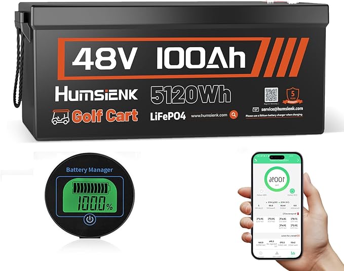 48V 100Ah Golf Cart LiFePO4 Lithium Battery with Bluetooth Group 8D, 15000+ Deep Cycle Battery, Built-in 200A BMS with Low-Temp Protection Golf Cart Accessories