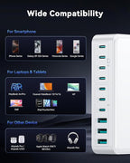 480W USB C Charger Block, Rocoren 10-Ports USB C Charging Station for Multiple Devices,PD 100W Type c Gan Fast Charger Station Multi USBC Charging Hub for Laptop MacBook HP iPad iPhone Samsung