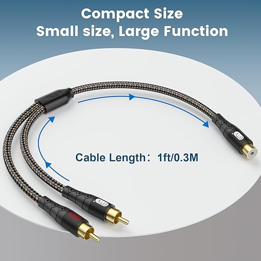 EMK RCA Splitter 2 Male to Female Extension Cable Dual Shielding Gold Plated Nylon Braided RCA Splitter 1 Female to 2 Male Cord Adapter Black/1ft/30CM