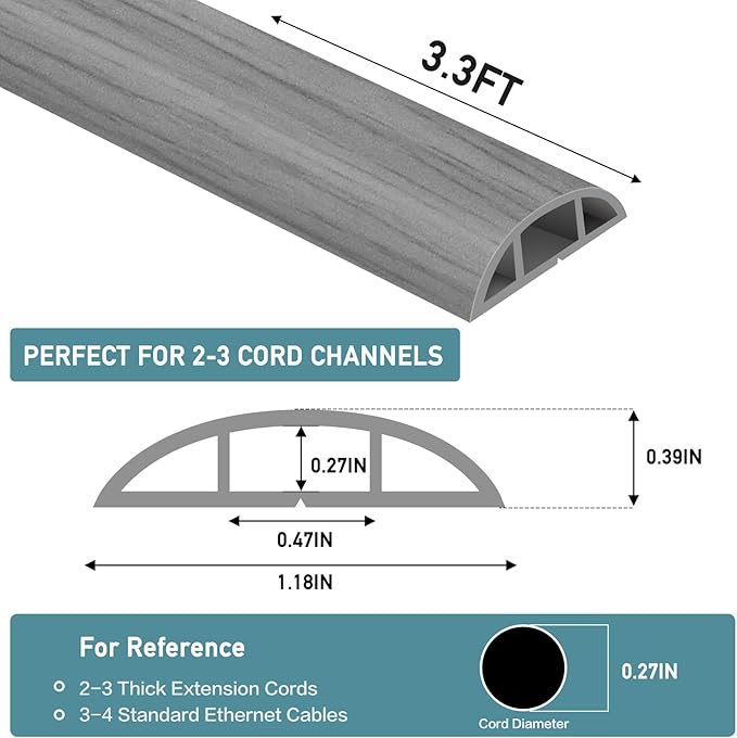 Floor Cord Cover Self Adhesive Cord Hider Floor Extension Cord Covers for Floor Power Cord Protector Cable Management Prevent Cable Trips Cable Cavity 0.47" W x 0.27" H (Light Grey Wood, 3.3Ft)