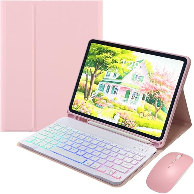 Rainbow Backlit Keyboard Case for iPad 9th / 8th / 7th Generation 10.2"/iPad Pro 10.5"/iPad Air 3rd Gen with Mouse and Backlight Detachable Bluetooth Keyboard Cover,Pink