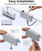 ORICO USB Hub 3.0, Clamp USB Hub with Extra Power Port, 3 USB-A Data Ports, USB-C Port for Monitors, Desks(Silver)