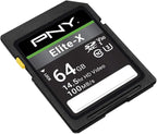 PNY 64GB Elite-X Class 10 U3 V30 SDXC Flash Memory Card - 100MB/s, Class 10, U3, V30, 4K UHD, Full HD, UHS-I, Full Size SD (Pack of 1)